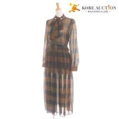 ■ ダイアグラム ロングワンピース 長袖 トップス ボウタイ 着脱式 フロントボタン チェック柄 ベルト レディース 36 ブラウン ネイビー