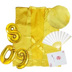 [TOuWA] 鶴亀柄 還暦祝い 古希祝い 長寿祝い ちゃんちゃんこ セット 【ちゃんちゃんこ 頭巾 祝扇子 栞 風船 化粧箱入り】 通年用 男性 女性 プレゼント ギフト 6点セット （黄） 1
