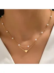 ジュエリー レディース ネックレス レイヤード エレガントなヴィンテージ風 フェイクパールハート ペンダントレイヤードネックレス2個セット - 日常でも晴れの日にも着用可能なジュエリー(パールの個数はアソート)