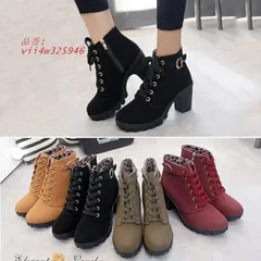 レースアップ ショートブーツ レディース サイドジッパー付き レディース ストーム ヒール 太ヒール レースアップ 厚底 編み上げブーツ チャンキーヒール vii4w325946