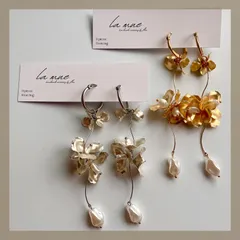 マットな質感♡【304ステンレスフープ】ハンドメイドピアス マットメタルフラワー ワイヤー ニュアンスパール ロング フープ お花 ブライダル アレルギー対応【イヤリング変更可能】