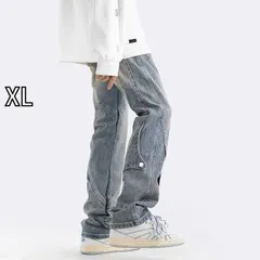 [XL]メンズ ファッション 服 男性用 オシャレ シンプル 大人 かっこいい 大きいサイズ ストリート 紳士服 アメリカン レトロ ブーツ カット ジーンズ ウォッシュ 加工 ダメージ 加工 ストリート ストレート レッグ ワイド レッグ パンツ