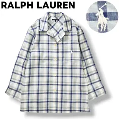 【美品】 ラルフローレン RALPH LAUREN 麻混 長袖 開襟 オープンカラー リネン パジャマ シャツ ボックスシルエット ロゴ入り M チェック柄 ライトブルー x ネイビー ルーム ウェア レディース ♪