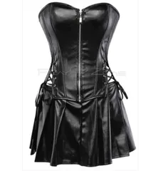 n58BK【S～5XLサイズ】フェイクレザー コルセット フロントジッパー【コルセット・ショーツ・スカートセット】ボンテージ コスプレ ブラック