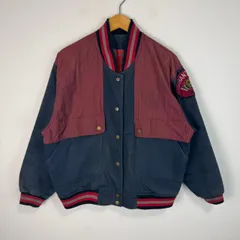 90s vintage ヴィンテージ スタジャン ブルゾン 切替 バイカラー 赤 レッド 紺 ネイビー ワッペン ゆったり チェック裏地 メンズ 古着 アメカジ ストリート