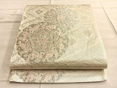 A◇着物くつろぎ 正倉院文様 銀糸 白 華文 六通 正絹 フォーマルな袋帯