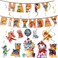パウパトロール 風船セット 誕生日 飾り付けセット パーティー 可愛い happy birthdayガーランド ケーキトッパー キャラクター風船　螺旋風船リボン付き