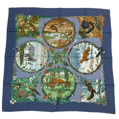 HERMES エルメス カレ 90 LES QUATRE SAISONS 四季 ブラウン 動物 花 スカーフ シルク ブルー