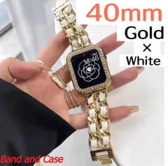 40mm ホワイトゴールド　２点セット　アップルウォッチ　カバー　キラキラ　ケース　チェーンベルト　バンド　セット　レザー
