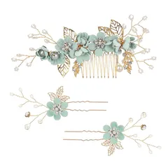髪飾り ヘアアクセサリー ヘッドドレス 花 パール ヘアピン 和装髪飾り 3点セット フラワー コーム Uピン ヘアピン ウェディング 成人式 七五三 パーティー 披露宴 卒業式 入学式 和装 ヘアアクセサリー PureSino (A-GREEN)