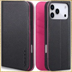 ☆彡送料無料でお届け☆彡Color:ブラック・マゼンタ「ライチ紋」 VISOUL iPhone 17 Pro Max 対応 ケース 手帳型 本革 アイフォン17 プロマックス 手帳型ケース MagSafe対応 スマホケース レザー カード収納 携帯カバー 横置