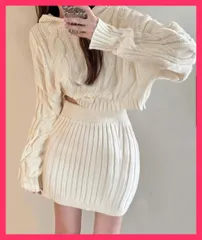 【スタッフおすすめ！】 ニット ケーブルニットセットアップ 韓国 きれいめニット長袖/着やせ10代20代/ニットセット可愛い ニットパーカー ミニスカート 上下セッ おすすめ おしゃれ　かわいい　人気 86KANING-033