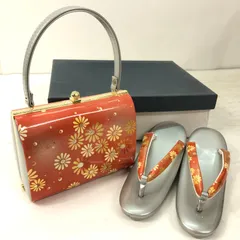 【美品】草履 バッグ セット ／ Zori Sandals & Handbag Set 朱色×シルバー 菊花柄 [Mサイズ] 成人式・卒業式に◎ 和装小物