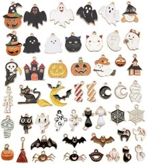 【在庫処分】[Kingsiely] チャーム パーツ ハロウィン 50個セット コウモリ おばけ カボチャ 蜘蛛 蜘蛛の巣 猫 チャーム アクセサリーパーツ ハロウィン デコパーツ 3D 立体 合金 オーナメント ネックレス イヤリング ペンダント ジ