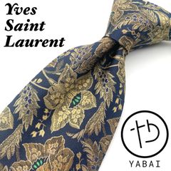 Yves Saint Laurent　ネクタイ　ジャガード　ボタニカル柄　花柄　ネイビー　シルク100% 日本製