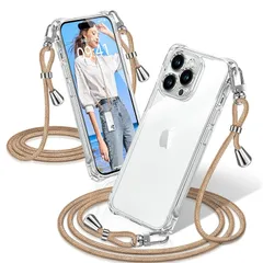 iPhone 14 Pro ケース クリア ショルダー 耐衝撃 iPhone14Pro スマホケース 透明 織りストラップ付き 肩がけ 首掛け 紐付き アイフォン14Pro カバー 縄掛け シングルショルダーロープ 斜めがけ 調節可能なショルダー クロスボ 0