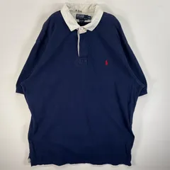 古着 90's/90年代 ポロバイラルフローレン Polo by Ralph Lauren 鹿の子 半袖 ラガーシャツ 襟切替 ワンポイント ロゴ 刺繍 大きいサイズ XXL  ネイビー系 無地 メンズ