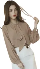 RED RAY レッドレイ カジュアル シフォン ボウタイ シャツ ブラウス 長袖 レディース オフィス スーツ セット 大きい サイズ 7分袖 ゆったり 白 快適 夏 50 60 代 低身長 おしゃれ カットソー フォーマル(ブラウン,  M)