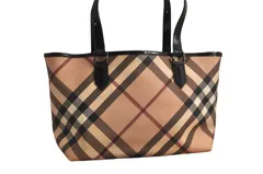 BURBERRY バーバリー ヴィンテージ ノバチェック柄 ピーブイシー エナメル ハンドトートバッグ ベージュ 6648M