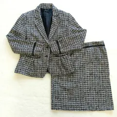 【美品】シューラルー　レディーススーツ　セットアップ　ツイード　ジャケット　スカート　入園式　入学式　卒園式　卒業式　レディースフォーマル　お呼ばれ　会食　チェック　モノトーン　襟付き　タイトスカート　ポケットあり　きれいめ　レディース　フォーマル　ペプラム