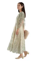 [MORE AUNI] 結婚式 ドレス レディース パーティ ワンピース ボタニカル柄 刺繍ドレス 結婚式およばれワンピース レース 五分袖 パーティードレス 1.5次会 2次会 披露宴 お呼ばれ 食事会 発表会 3242 [カーキ / 324243] [M]