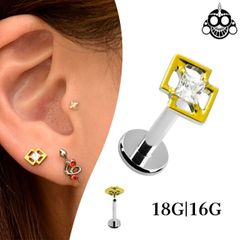 軟骨ピアス 金属アレルギー対応 18G 16G ゴールド ダブルスクエア ストーン つけっぱなし チタン素材 インターナル ラブレットスタッド ボディピアス ロブ トラガスピアス