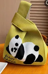 パンダ　ニット　バッグ　かわいい漫画パンダ柄ニットサッチェルバッグ、軽量多用途ショッピングハンドバッグ、レディーストレンディバッグ
