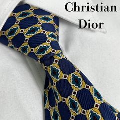 美品 Christian Dior トロッターロゴ 総柄 ドット柄 ネクタイ 青