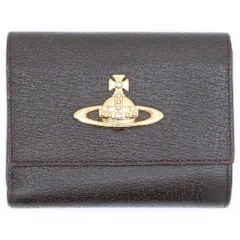 Vivienne Westwood (ヴィヴィアンウエストウッド) オーブ メタルロゴプレート レザー コンパクトウォレット 三つ折り財布 ゴールド金具 ブラウン
