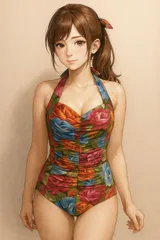 H206訳あり♪カラフルな花柄ギャザーデザイン♪レトロな女子ファッション水着♪海にプールに撮影用にも♪サイズ9M