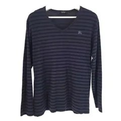 バーバリーブラックレーベル BURBERRY BLACK LABEL  ロンT カットソー 刺繍ロゴ Vネック サイズ3 L相当 ブラック グレー ボーダー柄【中古】