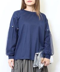 袖チュールレースパールモチーフTシャツ