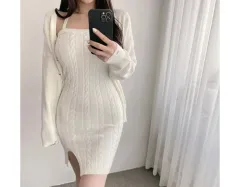 o ) ケーブル編み ホルター スリット ニット ワンピース カーディガン セットアップ ably(エイブリー)