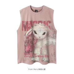 From Mars ひつじちゃん 美式ハイストリート 羊のグラフィティノースリーブTシャツ スエード生地のゆったりタンクトップ 杏色 ピンク 深灰色