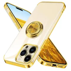 iPhone 15 Pro 用 ケース リング クリア iphone 15pro 用 カバー スマホケース 透明 ストラップホール付き TPU 耐衝撃 滑り止め メッキ加工 スタンド機能 車載ホルダー 一体型 アイフォン 15pro 用 ケース ゴールド