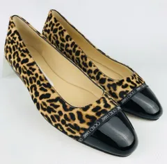 新品同様★JIMMY CHOO・ジミーチュウ レディース ハラコ レザー切替し ブランドロゴライン レオパード柄 フラットシューズ (35) ブランド イタリア製 レディース 靴 ヒョウ柄