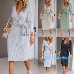 ニットワンピース レディース 長袖ワンピース チュニック ロングワンピース ニット 秋冬 カットソー セーター おしゃれ ひざ丈 Vネック きれいめ ant4y678548