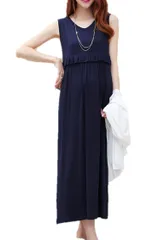 ミウォルナ マタニティ ワンピース 授乳服 授乳口 マタニティウェア マキシ丈 ロング丈 ノースリーブ 胸フリル ネイビー L [ネイビー] [L]