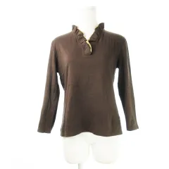 バーバリー ロンドン BURBERRY LONDON カットソー フリルカラー Vネック 七分袖 ストレッチ ワンポイント ノバチェック ロゴ 刺繍 2 M 茶 ブラウン /CK4 ■GY17