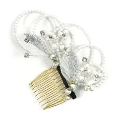 髪飾り コーム型 ラインストーン パール シルバー 白 キラキラ ラメ リーフ 葉 円 丸 サークル 小さい かんざし かわいい 粋 No.9-3384