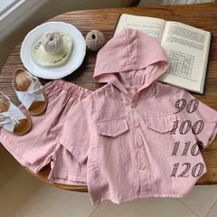 【送料無料】韓国子供服 清涼素材フード付きセットアップ♡ シャツ 子供服 女の子 男の子 赤ちゃん グリーン ピンク ペアルック 90 100 110 120