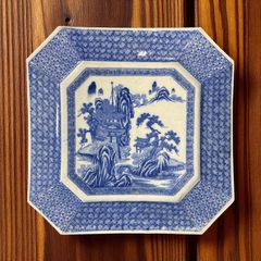 古伊万里 八角大皿 山水船花紋線指 幕末期 骨董品 古美術品 飾皿 古伊万里 八角絵皿 [山水風景図] 染付 年代物 大皿 角皿 平皿