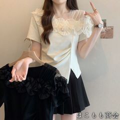 【美品・未使用新品】半袖です☆女性の夏の新しいメッシュスプライシング立体花スリム不規則な半袖ブラウス