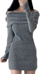 COCO&YUKA(ココアンドユカ) オフショルダー ニット タイト ミニ ワンピース セクシー チュニック 長袖 肩出し かわいい レディース ロング 肩紐付き( グレー,  XL)
