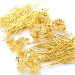 V-048 ビーズキャップ&Tピン9ピン 5種セット【ゴールド】ピン32mm 座金 6mm 8.5mm 12mm 花座 基礎パーツ 金具 ハンドメイドアクセサリーパーツ