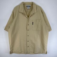古着 コロンビア Columbia 半袖シャツ ラミー 麻 ワンポイント ロゴ 胸ポケ M  ベージュ 無地 メンズ