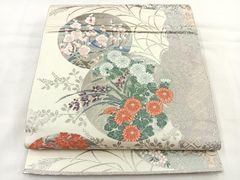 M79-12 袋帯 灰色地 花模様 扇面文様 - メルカリ