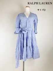 ラルフローレン　RALPH LAUREN ギンガム　リネン　ワンピース　ウエスト紐　Ｖネック