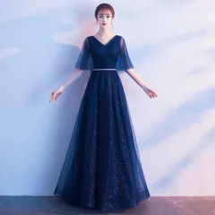 ☆ ネイビー ☆ M ☆ ドレス 発表会 ドレス ロング レディース レディースドレス ロングドレス ロング丈 フォーマル パーティードレス ワンピース 発表会 イブニングドレス Vネック 大人 上品 エレガント パーティー イベント お呼ばれ 謝恩会