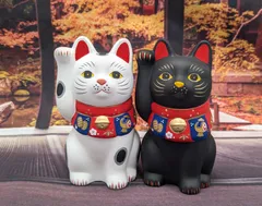 招き猫　縁起物　福づくし招き猫　右手上げ　黒　白　小　2体セット　置物
